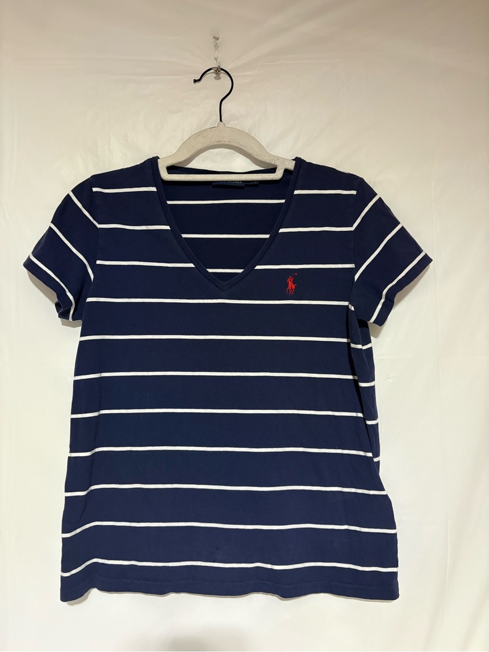 Ralph Lauren Navy and White Striped V-Neck Tee with Red Polo Logo